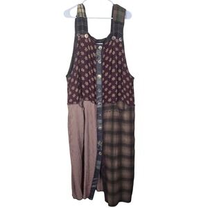 VTG Jeffrey Barr Mixed Fabric Patchwork Jumper Dress Floral Plaid Rayon Linen XL